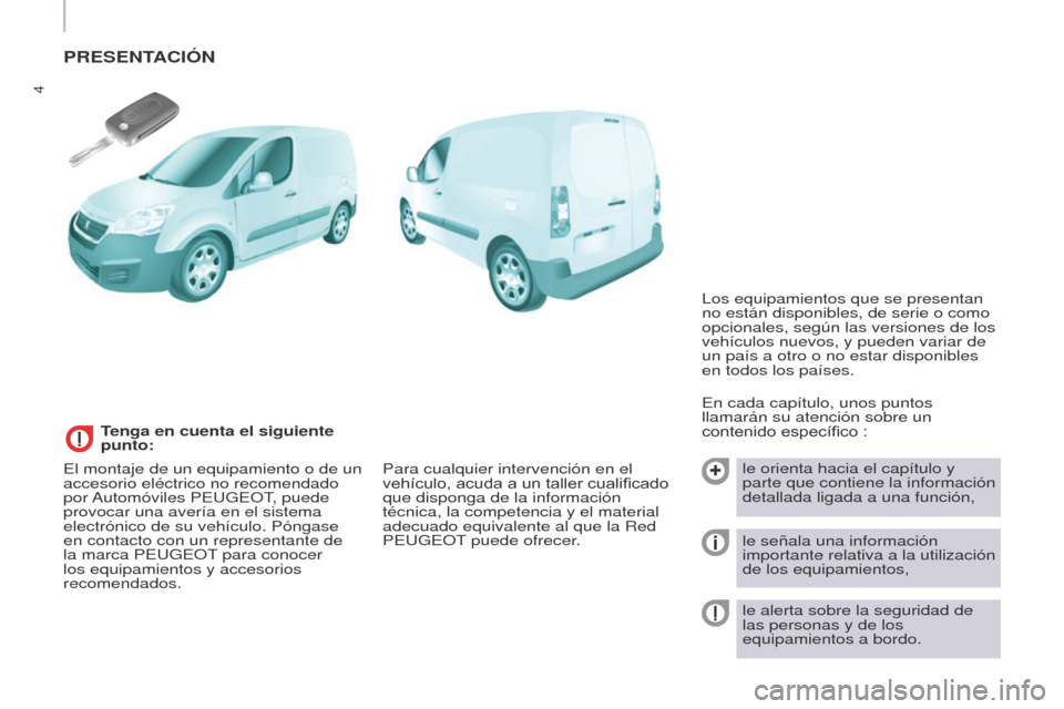 Peugeot Partner 2015  Manual del propietario (in Spanish) 4
Partner-2-VU_es_Chap01_vue-ensemble_ed01-2015
PRESENTACIÓN
En cada capítulo, unos puntos 
llamarán su atención sobre un 
contenido específico :le orienta hacia el capítulo y 
parte que contien