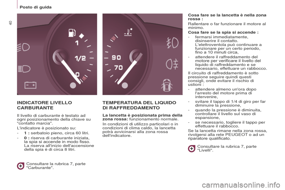 Peugeot Partner 2015  Manuale del proprietario (in Italian) 40
Partner-2-VU_it_Chap03_Pret-a-partir_ed01-2015
INDICATORE LIVELLO 
CARBURANTE
TEMPERATURA  DEL  LIQUIDO  
DI

  RAFFREDDAMENTO
La lancetta è posizionata prima della 
zona rossa: funzionamento norm