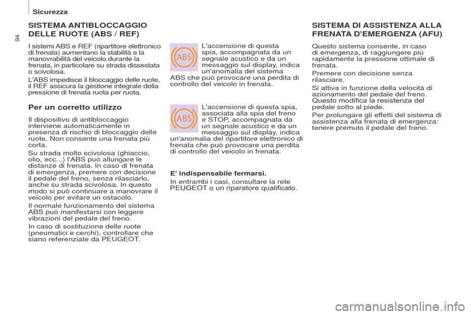 Peugeot Partner 2015 Manuale del proprietario (in Italian) ABS
ABS
94
Partner-2-VU_it_Chap05_Securite_ed01-2015
SISTEMA ANTIBLOCCAGGIO
DELLE
RUOTE (ABS / REF)
I sistemi ABS e REF (ripartitore elettronico
di frenata) aumentano la stabilità e la
manovr Peugeot Partner 2015 Manuale del proprietario (in Italian) ABS
ABS
94
Partner-2-VU_it_Chap05_Securite_ed01-2015
SISTEMA ANTIBLOCCAGGIO
DELLE
RUOTE (ABS / REF)
I sistemi ABS e REF (ripartitore elettronico
di frenata) aumentano la stabilità e la
manovr