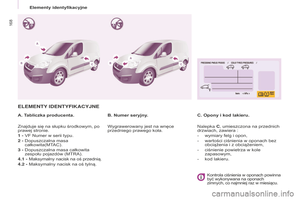 Peugeot Partner 2015  Instrukcja Obsługi (in Polish) 168
Partner-2-VU_pl_Chap09_Caract-technique_ed01-2015
ELEMENTY IDENTYFIKACYJNE
A. Tabliczka producenta. C. Opony i kod lakieru.
B. Numer seryjny.
Znajduje się na słupku środkowym, po 
prawej stroni