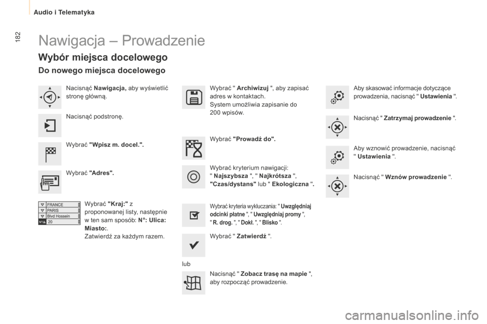 Peugeot Partner 2015  Instrukcja Obsługi (in Polish) 182
Partner-2-VU_pl_Chap10a_SMEGplus_ed01-2015
Nawigacja – Prowadzenie
Wybór miejsca docelowego
Wybrać "Wpisz m. docel.". Wybrać " Archiwizuj
 ", aby zapisać 
adres w kontaktach.
System umożliw