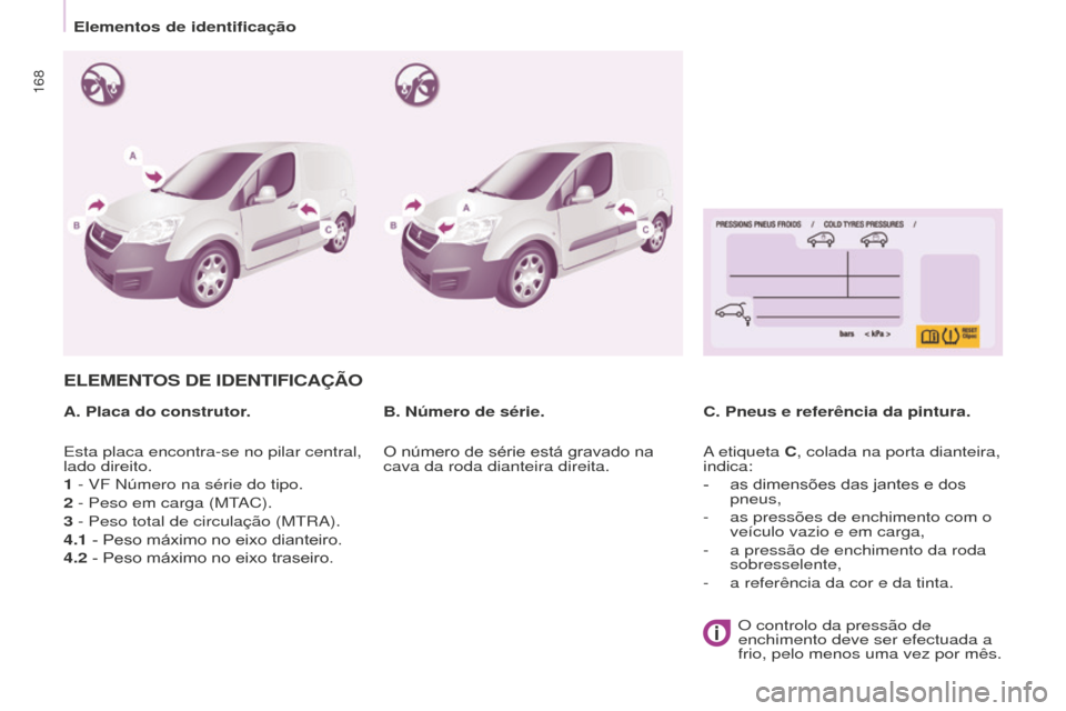 Peugeot Partner 2015  Manual do proprietário (in Portuguese) 168
Partner-2-VU_pt_Chap09_Caract-technique_ed01-2015
ELEMENTOS DE IDENTIFICAÇÃO
A. Placa do construtor.C. Pneus e referência da pintura.
B. Número de série.
Esta placa encontra-se no pilar centr