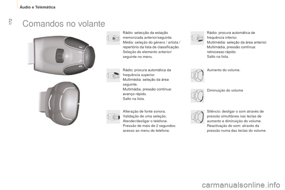 Peugeot Partner 2015  Manual do proprietário (in Portuguese) 172
Partner-2-VU_pt_Chap10a_SMEGplus_ed01-2015
Comandos no volante
Rádio: selecção da estação 
memorizada anterior/seguinte.
Média: seleção do género / artista / 
repertório da lista de clas