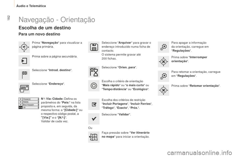 Peugeot Partner 2015 Manual do proprietário (in Portuguese) 182
Partner-2-VU_pt_Chap10a_SMEGplus_ed01-2015
Navegação - Orientação
Escolha de um destino
Seleccione "Introd. destino ". Seleccione "
Arquivar" para gravar o
endereço introduzido numa ficha de Peugeot Partner 2015 Manual do proprietário (in Portuguese) 182
Partner-2-VU_pt_Chap10a_SMEGplus_ed01-2015
Navegação - Orientação
Escolha de um destino
Seleccione "Introd. destino ". Seleccione "
Arquivar" para gravar o
endereço introduzido numa ficha de