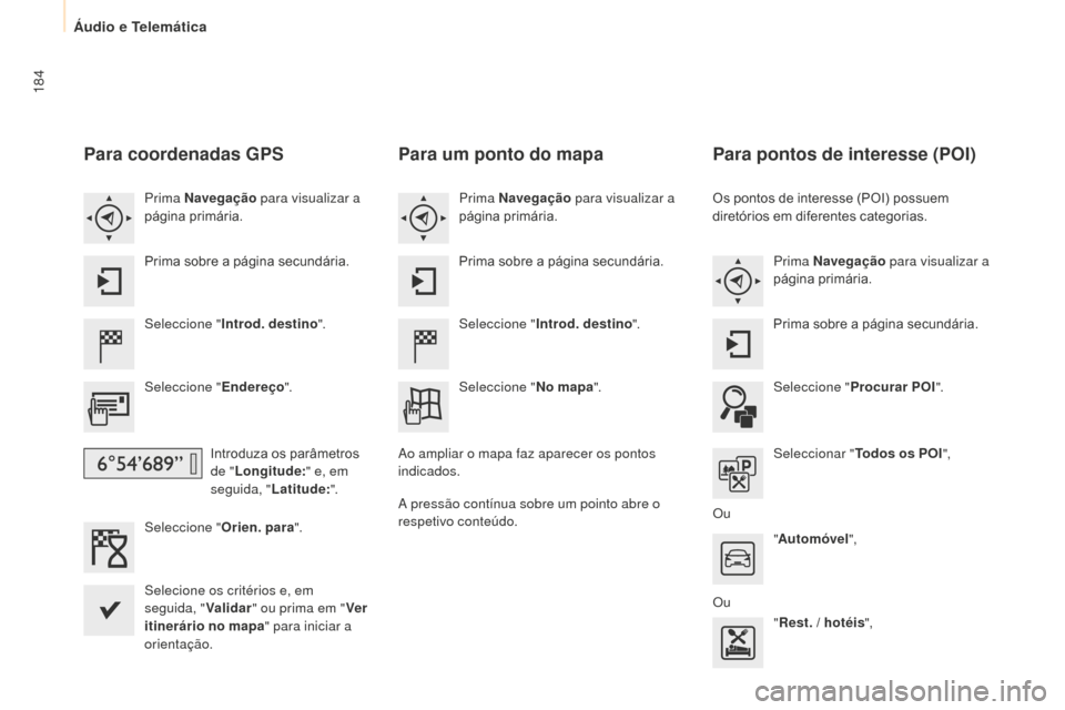 Peugeot Partner 2015 Manual do proprietário (in Portuguese) 184
Partner-2-VU_pt_Chap10a_SMEGplus_ed01-2015
Para coordenadas GPS
Seleccione "Introd. destino ".
Seleccione " Endereço".
Introduza os parâmetros
de " Longitude: " e, em
seguida, " Latitude:".
Se Peugeot Partner 2015 Manual do proprietário (in Portuguese) 184
Partner-2-VU_pt_Chap10a_SMEGplus_ed01-2015
Para coordenadas GPS
Seleccione "Introd. destino ".
Seleccione " Endereço".
Introduza os parâmetros
de " Longitude: " e, em
seguida, " Latitude:".
Se