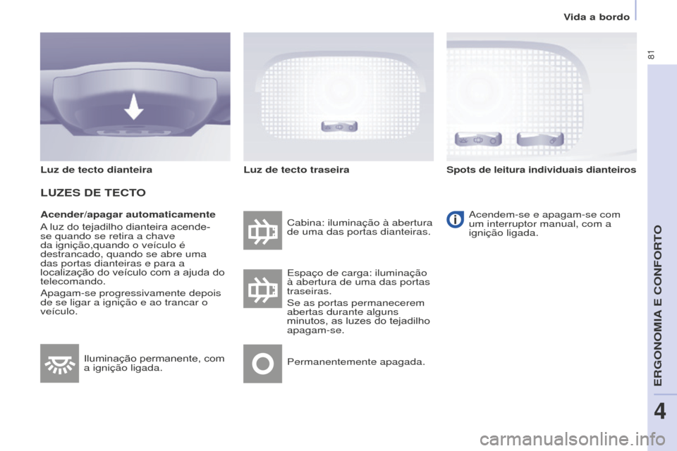 Peugeot Partner 2015 Manual do proprietário (in Portuguese) 81
Partner-2-VU_pt_Chap04_Ergonomie_ed01-2015
Acender/apagar automaticamente
A luz do tejadilho dianteira acende-
se quando se retira a chave
da ignição,quando o veículo é
destrancado, quando se Peugeot Partner 2015 Manual do proprietário (in Portuguese) 81
Partner-2-VU_pt_Chap04_Ergonomie_ed01-2015
Acender/apagar automaticamente
A luz do tejadilho dianteira acende-
se quando se retira a chave
da ignição,quando o veículo é
destrancado, quando se