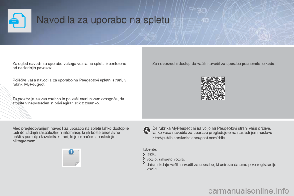 Peugeot Partner 2015 Priročnik za lastnika (in Slovenian) Partner-2-VU_sl_Chap00_Couv-debut_ed01-2015
Navodila za uporabo na spletu
Za ogled navodil za uporabo vašega vozila na spletu izberite eno
od naslednjih povezav ...
Med pregledovanjem navodil za upo Peugeot Partner 2015 Priročnik za lastnika (in Slovenian) Partner-2-VU_sl_Chap00_Couv-debut_ed01-2015
Navodila za uporabo na spletu
Za ogled navodil za uporabo vašega vozila na spletu izberite eno
od naslednjih povezav ...
Med pregledovanjem navodil za upo
