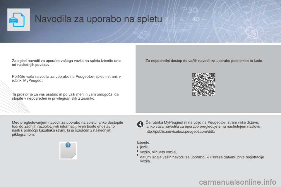 Peugeot Partner 2015  Priročnik za lastnika (in Slovenian) Partner-2-VU_sl_Chap00_Couv-debut_ed01-2015
Navodila za uporabo na spletu
Za ogled navodil za uporabo vašega vozila na spletu izberite eno 
od naslednjih povezav ...
Med pregledovanjem navodil za upo