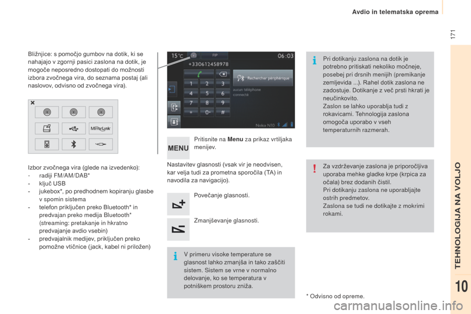 Peugeot Partner 2015  Priročnik za lastnika (in Slovenian)  171
Partner-2-VU_sl_Chap10a_SMEGplus_ed01-2015
Nastavitev glasnosti (vsak vir je neodvisen, 
kar velja tudi za prometna sporočila (TA) in 
navodila za navigacijo).Pritisnite na Menu
 za prikaz vrtil