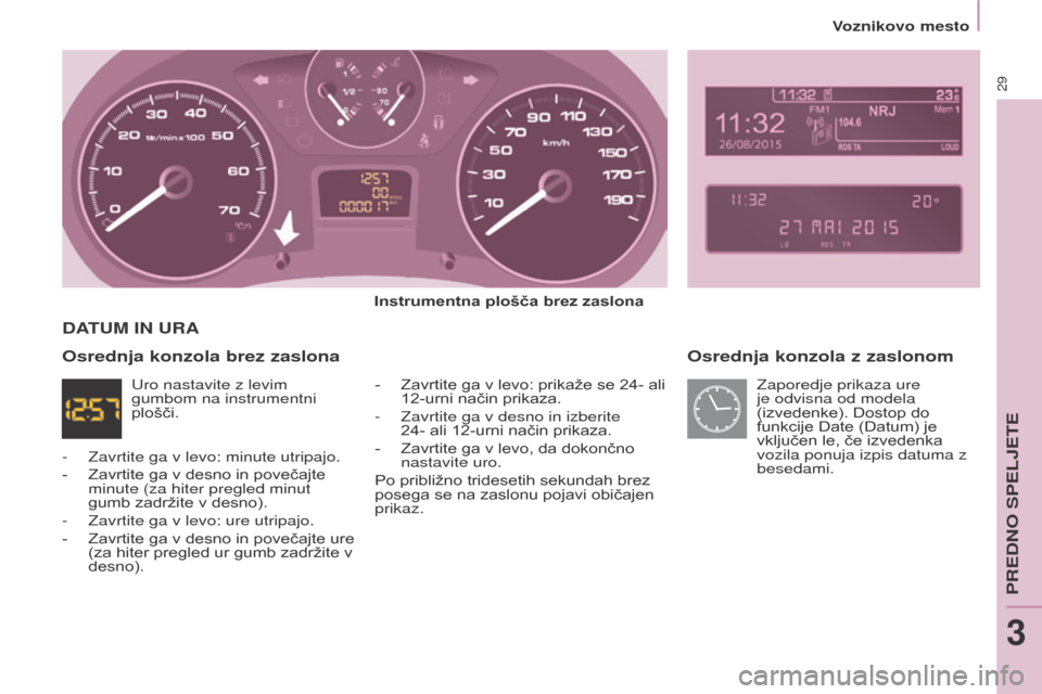 Peugeot Partner 2015  Priročnik za lastnika (in Slovenian) 29
Partner-2-VU_sl_Chap03_Pret-a-partir_ed01-2015
Osrednja konzola z zaslonom
Instrumentna plošča brez zaslona-  
Zavrtite ga v levo: prikaže se 24- ali 
12-urni način prikaza.
-

 
Zavrtite ga v 