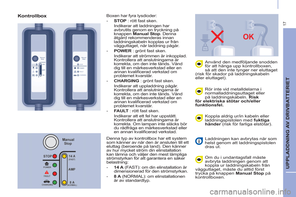Peugeot Partner 2015 Ägarmanual (in Swedish) 17
UPPLADDNING AV DRIVBATTERIET
Rör inte vid metalldelarna i
normalladdningsuttaget eller
på laddningskabeln. Risk
för elektriska stötar och/eller
funktionsfel.
Använd den me Peugeot Partner 2015 Ägarmanual (in Swedish) 17
UPPLADDNING AV DRIVBATTERIET
Rör inte vid metalldelarna i
normalladdningsuttaget eller
på laddningskabeln. Risk
för elektriska stötar och/eller
funktionsfel.
Använd den me