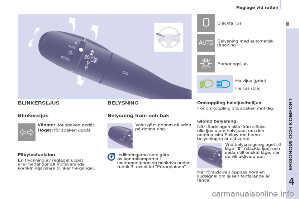 Peugeot Partner 2015 Ägarmanual (in Swedish) 55
Partner-2-VU_sv_Chap04_Ergonomie_ed01-2015
BLINKERSLJUS
Filbytesfunktion
En tryckning av reglaget uppåt
eller nedåt gör att motsvarande
körriktningsvisare blinkar tre gånger.
BELySNING
Väns Peugeot Partner 2015 Ägarmanual (in Swedish) 55
Partner-2-VU_sv_Chap04_Ergonomie_ed01-2015
BLINKERSLJUS
Filbytesfunktion
En tryckning av reglaget uppåt
eller nedåt gör att motsvarande
körriktningsvisare blinkar tre gånger.
BELySNING
Väns