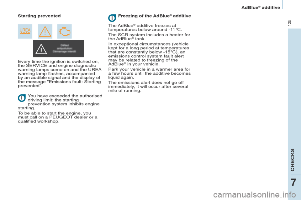 Peugeot Partner 2014.5  Owners Manual - RHD (UK, Australia) 125
Partner-2-VU_en_Chap07_Verification_ed02-2014
Every time the ignition is switched on, 
the SERVICE and engine diagnostic 
warning lamps come on and the UREA 
warning lamp flashes, accompanied 
by 