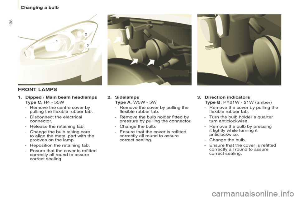 Peugeot Partner 2014.5 Owners Manual - RHD (UK, Australia) 138
Partner-2-VU_en_Chap08_Aide-rapide_ed02-2014
3. Direction indicators
T
ype B, PY21W - 21W (amber)
-
Remove the cover by pullin
g the
flexible rubber tab.
-
T
urn the bulb holder a quarte Peugeot Partner 2014.5 Owners Manual - RHD (UK, Australia) 138
Partner-2-VU_en_Chap08_Aide-rapide_ed02-2014
3. Direction indicators
T
ype B, PY21W - 21W (amber)
-
Remove the cover by pullin
g the
flexible rubber tab.
-
T
urn the bulb holder a quarte