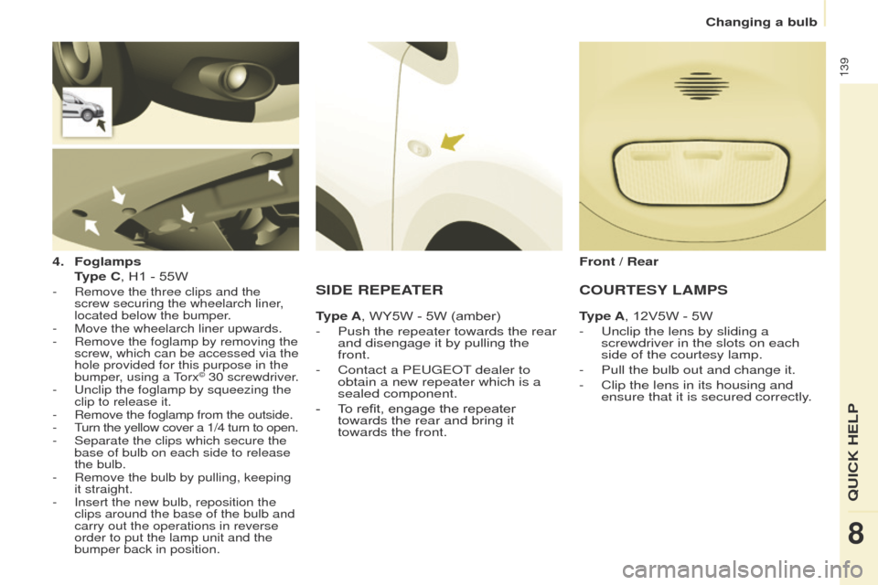 Peugeot Partner 2014.5 Owners Manual - RHD (UK, Australia) 139
Partner-2-VU_en_Chap08_Aide-rapide_ed02-2014
4. Foglamps
T
ype C, H1 - 55W
- Remove the three clips and the
screw securing the wheelarch liner ,
located below the bumper.
-
Move the wheel Peugeot Partner 2014.5 Owners Manual - RHD (UK, Australia) 139
Partner-2-VU_en_Chap08_Aide-rapide_ed02-2014
4. Foglamps
T
ype C, H1 - 55W
- Remove the three clips and the
screw securing the wheelarch liner ,
located below the bumper.
-
Move the wheel