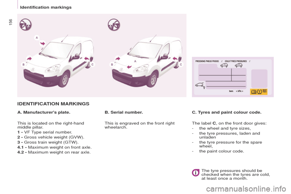 Peugeot Partner 2014.5  Owners Manual - RHD (UK, Australia) 156
Partner-2-VU_en_Chap09_Caract-technique_ed02-2014
IDENTIFICATION MARKINGS
A. Manufacturers plate.C. Tyres and paint colour code.
B. Serial number.
This is located on the right-hand 
middle pillar