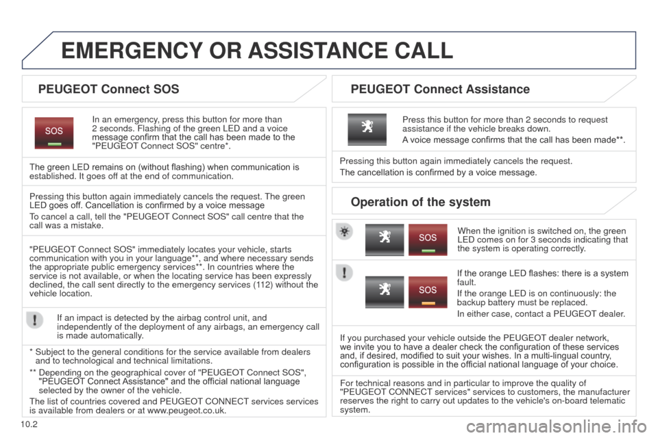 Peugeot Partner 2014.5  Owners Manual - RHD (UK, Australia) 10.2
Partner-2-VU_en_Chap10a_BTA_ed02-2014
EMERGENCY OR  ASSIST ANCE   CALL
In an emergency, press this button for more than 
2
  seconds. Flashing of the green LED and a voice 
message confirm that t