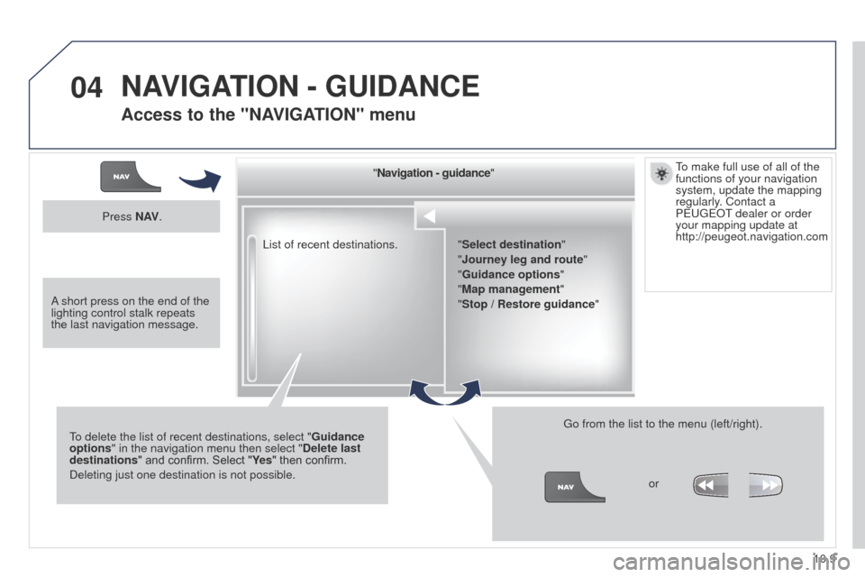 Peugeot Partner 2014.5 Owners Manual - RHD (UK, Australia) 04
10.9
Partner-2-VU_en_Chap10b_RT6-2-8_ed02-2014
List of recent destinations."
Navigation - guidance"
To delete the list of recent destinations, select " Guidance
options " in the navigation menu th Peugeot Partner 2014.5 Owners Manual - RHD (UK, Australia) 04
10.9
Partner-2-VU_en_Chap10b_RT6-2-8_ed02-2014
List of recent destinations."
Navigation - guidance"
To delete the list of recent destinations, select " Guidance
options " in the navigation menu th