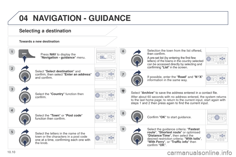 Peugeot Partner 2014.5 Owners Manual - RHD (UK, Australia) 04
10.10
Partner-2-VU_en_Chap10b_RT6-2-8_ed02-2014
Press N AV to display the
"Navigation - guidance" menu.
Towards a new destination
Selecting a destination
Select "Select destination" and
confirm Peugeot Partner 2014.5 Owners Manual - RHD (UK, Australia) 04
10.10
Partner-2-VU_en_Chap10b_RT6-2-8_ed02-2014
Press N AV to display the
"Navigation - guidance" menu.
Towards a new destination
Selecting a destination
Select "Select destination" and
confirm