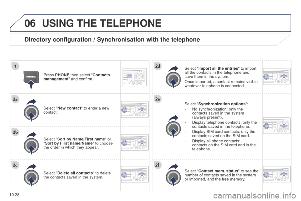 Peugeot Partner 2014.5 Owners Manual - RHD (UK, Australia) 06
10.28
Partner-2-VU_en_Chap10b_RT6-2-8_ed02-2014
USING THE TELEPHONE
Directory configuration / Synchronisation with the telephone
Press PHONE then select "Contacts
management" and confirm.
Select " Peugeot Partner 2014.5 Owners Manual - RHD (UK, Australia) 06
10.28
Partner-2-VU_en_Chap10b_RT6-2-8_ed02-2014
USING THE TELEPHONE
Directory configuration / Synchronisation with the telephone
Press PHONE then select "Contacts
management" and confirm.
Select "