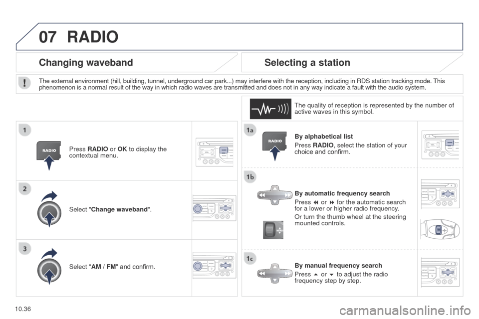 Peugeot Partner 2014.5 Owners Manual - RHD (UK, Australia) 07
10.36
Partner-2-VU_en_Chap10b_RT6-2-8_ed02-2014
By alphabetical list
Press RADIO, select the station of your
choice and confirm.
By automatic frequency search
Press 7 or 8 for the automatic search Peugeot Partner 2014.5 Owners Manual - RHD (UK, Australia) 07
10.36
Partner-2-VU_en_Chap10b_RT6-2-8_ed02-2014
By alphabetical list
Press RADIO, select the station of your
choice and confirm.
By automatic frequency search
Press 7 or 8 for the automatic search