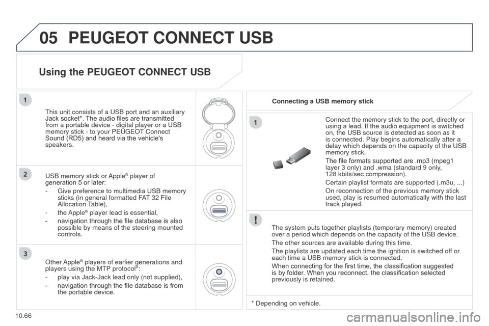 Peugeot Partner 2014.5 Owners Manual - RHD (UK, Australia) 05
10.66
Partner-2-VU_en_Chap10c_RD45_ed02_2014
PEUGEOT CONNECT USB
The system puts together playlists (temporary memory) created
over a period which depends on the capacity of the USB device.
The ot Peugeot Partner 2014.5 Owners Manual - RHD (UK, Australia) 05
10.66
Partner-2-VU_en_Chap10c_RD45_ed02_2014
PEUGEOT CONNECT USB
The system puts together playlists (temporary memory) created
over a period which depends on the capacity of the USB device.
The ot