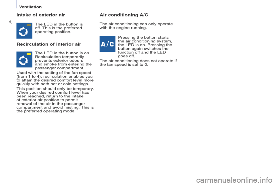 Peugeot Partner 2014.5 - RHD (UK, Australia) Repair Manual 64
Partner-2-VU_en_Chap04_Ergonomie_ed02-2014
Intake of exterior air
Recirculation of interior airAir conditioning A/C
The LED in the button is
off. This is the preferred
operating position.
Pressi Peugeot Partner 2014.5 - RHD (UK, Australia) Repair Manual 64
Partner-2-VU_en_Chap04_Ergonomie_ed02-2014
Intake of exterior air
Recirculation of interior airAir conditioning A/C
The LED in the button is
off. This is the preferred
operating position.
Pressi