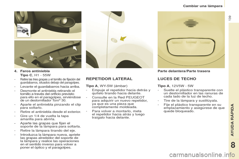 Peugeot Partner 2014.5  Manual del propietario (in Spanish) 139
Partner-2-VU_es_Chap08_Aide-rapide_ed02-2014
4. Faros antiniebla 
 T

ipo C, H1   - 55W
-
 
Retire las tres grapas y el tornillo de fijación del 
guardabarros, situados debajo del paragolpes.
- L