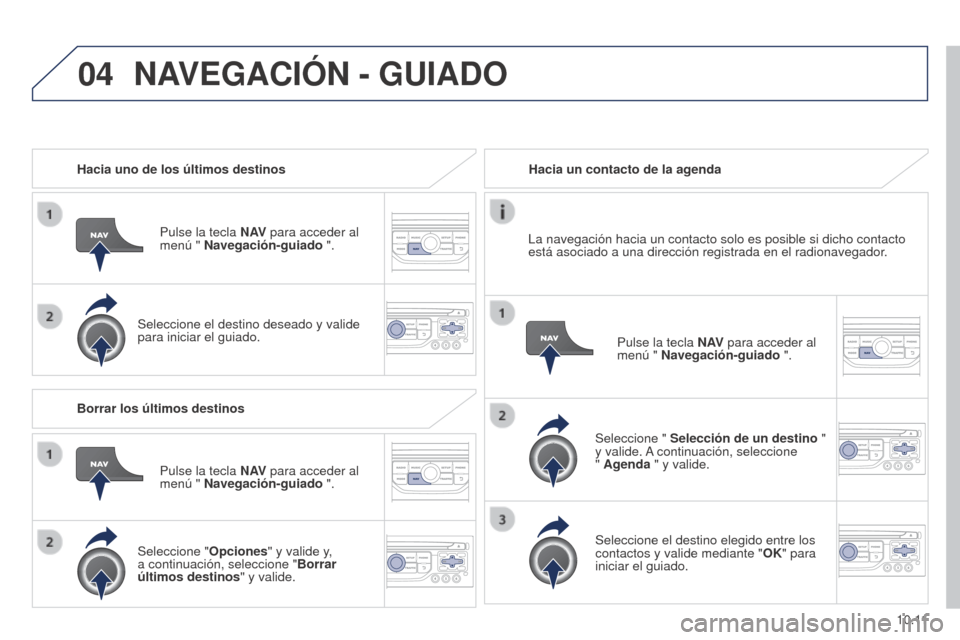 Peugeot Partner 2014.5 Manual del propietario (in Spanish) 04
10.11
Partner-2-VU_es_Chap10b_RT6-2-8_ed02-2014
Hacia uno de los últimos destinosPulse la tecla N AV para acceder al
menú " Navegación-guiado ".
Seleccione el destino deseado y valide
para ini Peugeot Partner 2014.5 Manual del propietario (in Spanish) 04
10.11
Partner-2-VU_es_Chap10b_RT6-2-8_ed02-2014
Hacia uno de los últimos destinosPulse la tecla N AV para acceder al
menú " Navegación-guiado ".
Seleccione el destino deseado y valide
para ini