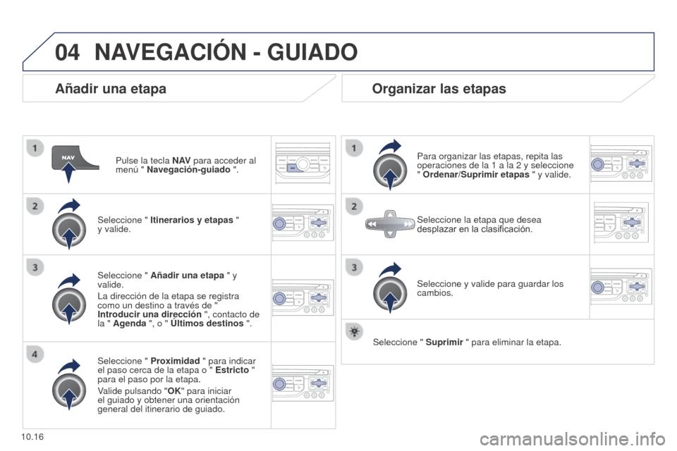 Peugeot Partner 2014.5 Manual del propietario (in Spanish) 04
10.16
Partner-2-VU_es_Chap10b_RT6-2-8_ed02-2014
Añadir una etapa
Pulse la tecla N AV para acceder al
menú " Navegación-guiado ".
Seleccione " Itinerarios y etapas "
y valide.
Seleccione " P Peugeot Partner 2014.5 Manual del propietario (in Spanish) 04
10.16
Partner-2-VU_es_Chap10b_RT6-2-8_ed02-2014
Añadir una etapa
Pulse la tecla N AV para acceder al
menú " Navegación-guiado ".
Seleccione " Itinerarios y etapas "
y valide.
Seleccione " P