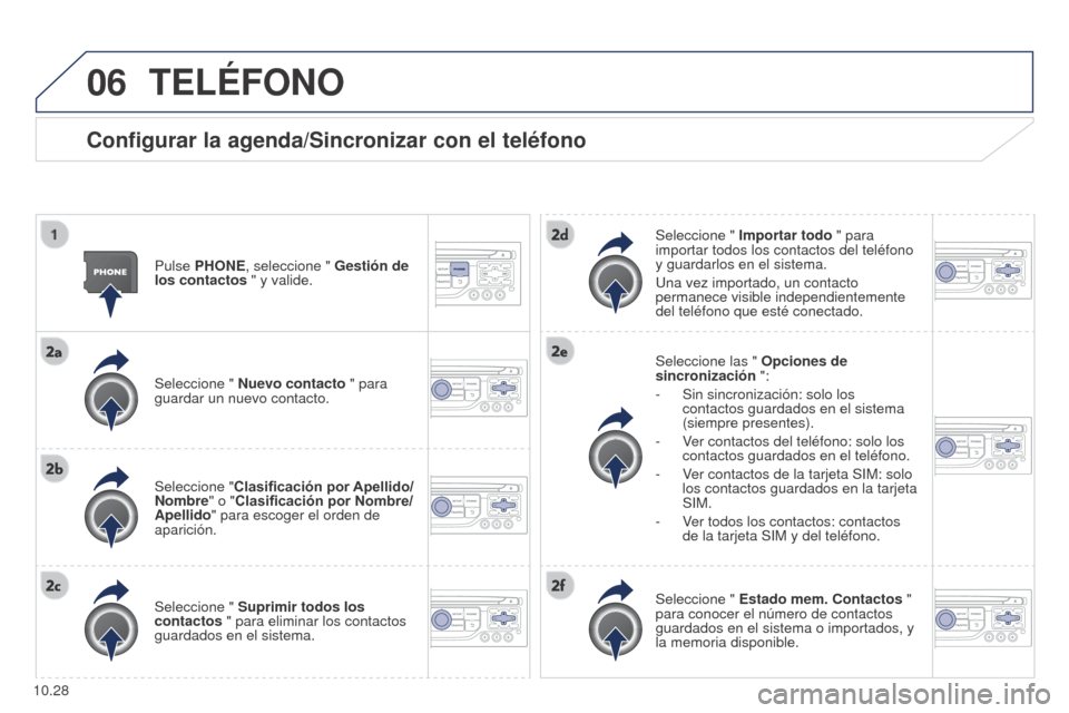 Peugeot Partner 2014.5 Manual del propietario (in Spanish) 06
10.28
Partner-2-VU_es_Chap10b_RT6-2-8_ed02-2014
TELÉFONO
Configurar la agenda/Sincronizar con el teléfono
Pulse PHONE, seleccione " Gestión de
los contactos " y valide.
Seleccione " Nuevo conta Peugeot Partner 2014.5 Manual del propietario (in Spanish) 06
10.28
Partner-2-VU_es_Chap10b_RT6-2-8_ed02-2014
TELÉFONO
Configurar la agenda/Sincronizar con el teléfono
Pulse PHONE, seleccione " Gestión de
los contactos " y valide.
Seleccione " Nuevo conta