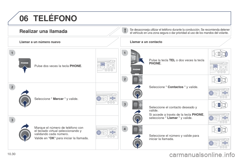 Peugeot Partner 2014.5 Manual del propietario (in Spanish) 06
10.30
Partner-2-VU_es_Chap10b_RT6-2-8_ed02-2014
TELÉFONO
Pulse dos veces la tecla PHONE.
Seleccione " Marcar " y valide. Seleccione "
Contactos " y valide.
Marque el número de teléfono con
el Peugeot Partner 2014.5 Manual del propietario (in Spanish) 06
10.30
Partner-2-VU_es_Chap10b_RT6-2-8_ed02-2014
TELÉFONO
Pulse dos veces la tecla PHONE.
Seleccione " Marcar " y valide. Seleccione "
Contactos " y valide.
Marque el número de teléfono con
el