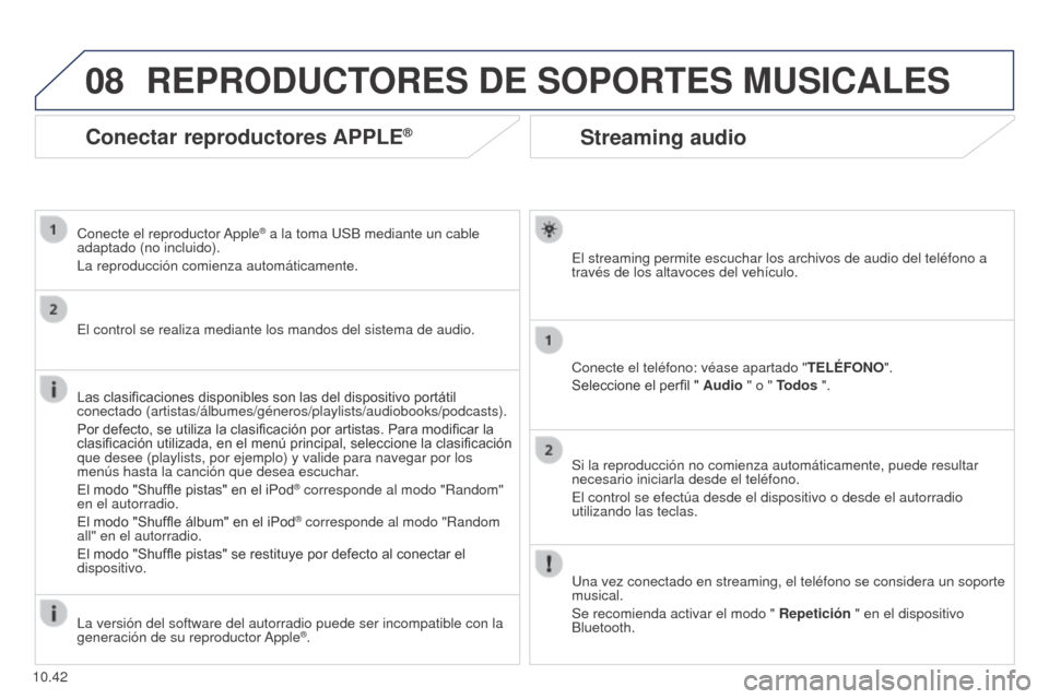 Peugeot Partner 2014.5 Manual del propietario (in Spanish) 08
10.42
Partner-2-VU_es_Chap10b_RT6-2-8_ed02-2014
Streaming audio
El streaming permite escuchar los archivos de audio del teléfono a
través de los altavoces del vehÃculo.
Conecte el teléfono: và Peugeot Partner 2014.5 Manual del propietario (in Spanish) 08
10.42
Partner-2-VU_es_Chap10b_RT6-2-8_ed02-2014
Streaming audio
El streaming permite escuchar los archivos de audio del teléfono a
través de los altavoces del vehÃculo.
Conecte el teléfono: vÃ
