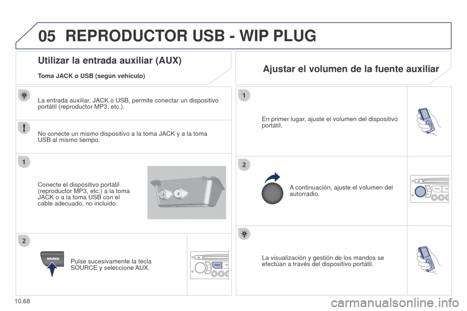 Peugeot Partner 2014.5 Manual del propietario (in Spanish) 05
10.68
Partner-2-VU_es_Chap10c_RD45_ed02_2014
La visualización y gestión de los mandos se
efectúan a través del dispositivo portátil.
En primer lugar, ajuste el volumen del dispositivo
portá Peugeot Partner 2014.5 Manual del propietario (in Spanish) 05
10.68
Partner-2-VU_es_Chap10c_RD45_ed02_2014
La visualización y gestión de los mandos se
efectúan a través del dispositivo portátil.
En primer lugar, ajuste el volumen del dispositivo
portá
