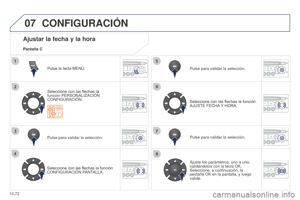 Peugeot Partner 2014.5 Manual del propietario (in Spanish) 07
10.72
Partner-2-VU_es_Chap10c_RD45_ed02_2014
CONFIGURACIÓN
Pulse la tecla MENÚ.
Seleccione con las flechas la
función PERSONALIZACIó N
CONFIGURACI
ó N.
Pulse para validar la selección.
Sele Peugeot Partner 2014.5 Manual del propietario (in Spanish) 07
10.72
Partner-2-VU_es_Chap10c_RD45_ed02_2014
CONFIGURACIÓN
Pulse la tecla MENÚ.
Seleccione con las flechas la
función PERSONALIZACIó N
CONFIGURACI
ó N.
Pulse para validar la selección.
Sele