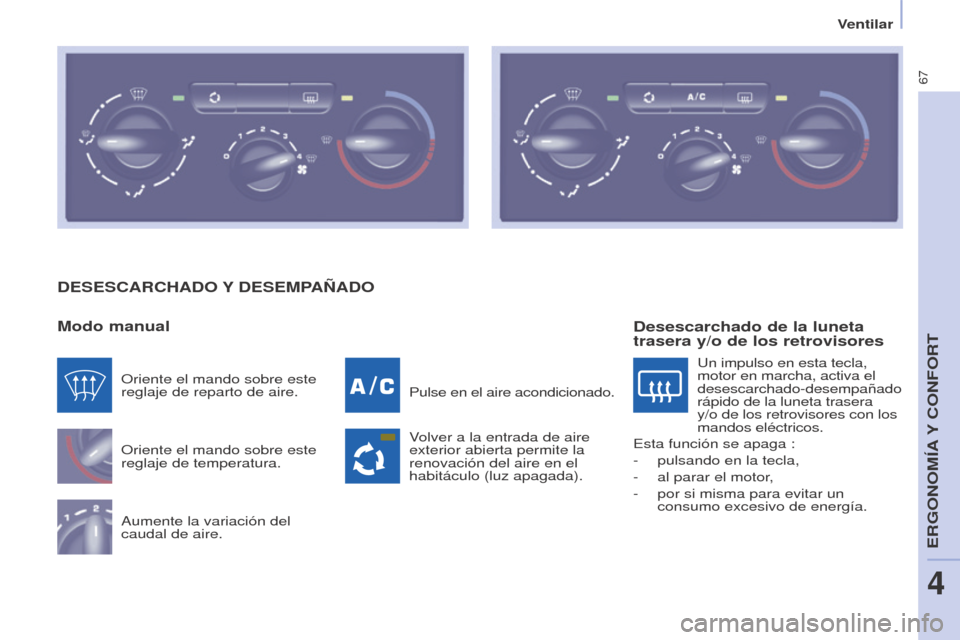 Peugeot Partner 2014.5 Manual del propietario (in Spanish) 67
Partner-2-VU_es_Chap04_Ergonomie_ed02-2014
DESESCARCHADO Y DESEMPAÑADO
Modo manual
Oriente el mando sobre este
reglaje de temperatura.
Aumente la variación del
caudal de aire.Pulse en el aire a Peugeot Partner 2014.5 Manual del propietario (in Spanish) 67
Partner-2-VU_es_Chap04_Ergonomie_ed02-2014
DESESCARCHADO Y DESEMPAÑADO
Modo manual
Oriente el mando sobre este
reglaje de temperatura.
Aumente la variación del
caudal de aire.Pulse en el aire a