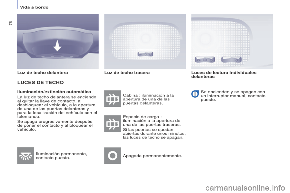 Peugeot Partner 2014.5 Manual del propietario (in Spanish) 76
Partner-2-VU_es_Chap04_Ergonomie_ed02-2014
Iluminación/extinción automática
La luz de techo delantera se enciende
al quitar la llave de contacto, al
desbloquear el vehículo, a la apertura
de Peugeot Partner 2014.5 Manual del propietario (in Spanish) 76
Partner-2-VU_es_Chap04_Ergonomie_ed02-2014
Iluminación/extinción automática
La luz de techo delantera se enciende
al quitar la llave de contacto, al
desbloquear el vehículo, a la apertura
de