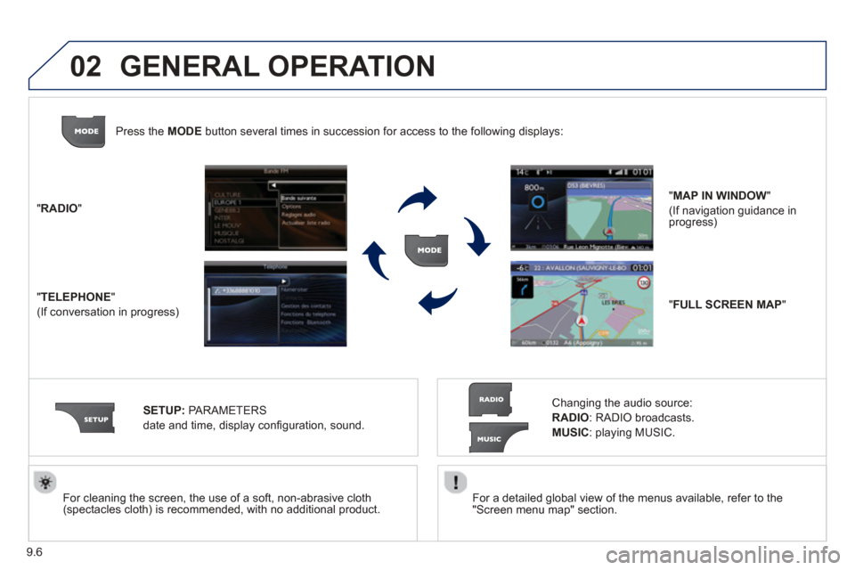 Peugeot Partner 2013  Owners Manual 9.6
02
  For a detailed global view of the menus available, refer to the
"Screen menu map" section.   
  For cleaning the screen, the use of a soft, non-abrasive cloth (spectacles cloth) is recommende