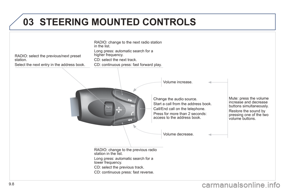 Peugeot Partner 2013  Owners Manual 9.8
03STEERING MOUNTED CONTROLS
RADIO: select the previous/next preset station. 
Select the next entry in the address book.  Chan
ge the audio source.
 
Start a call from the address book. 
 
Call/End