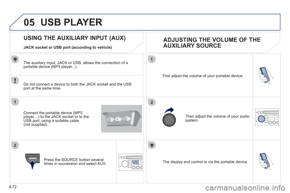 Peugeot Partner 2013 Owners Manual 9.72
05
The display and control is via the portable device. First ad
just the volume of your portable device.
Then ad
just the volume of your audio system.
USING THE AUXILIARY INPUT (AUX)
ADJ Peugeot Partner 2013 Owners Manual 9.72
05
The display and control is via the portable device. First ad
just the volume of your portable device.
Then ad
just the volume of your audio system.
USING THE AUXILIARY INPUT (AUX)
ADJ