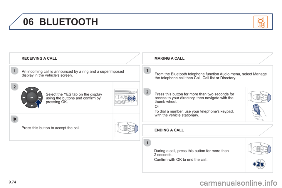 Peugeot Partner 2013 Owners Manual 9.74
06
RECEIVING A CALL
An incomin
g call is announced by a ring and a superimposed
display in the vehicles screen.
Select the YES tab on the display
using the buttons and confi r Peugeot Partner 2013 Owners Manual 9.74
06
RECEIVING A CALL
An incomin
g call is announced by a ring and a superimposed
display in the vehicles screen.
Select the YES tab on the display
using the buttons and confi r