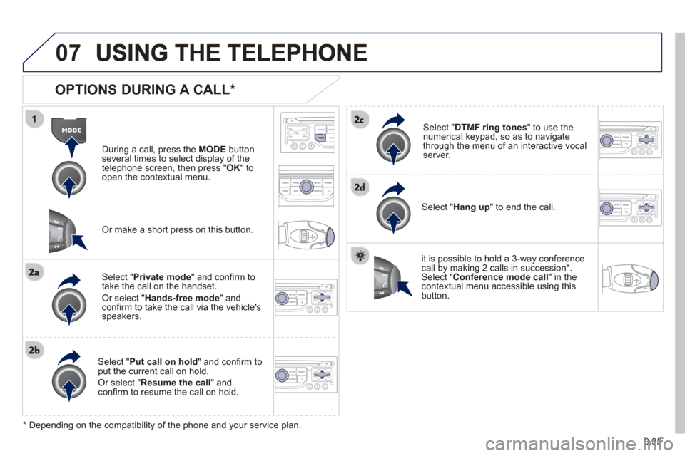 Peugeot Partner 2013  Owners Manual - RHD (UK, Australia) 9.35
07
  
OPTIONS DURING A CALL *  
During a call, press the  MODE  button 
several times to select display of the
telephone screen, then press " 
OK " to 
open the contextual menu.  
Select " Privat