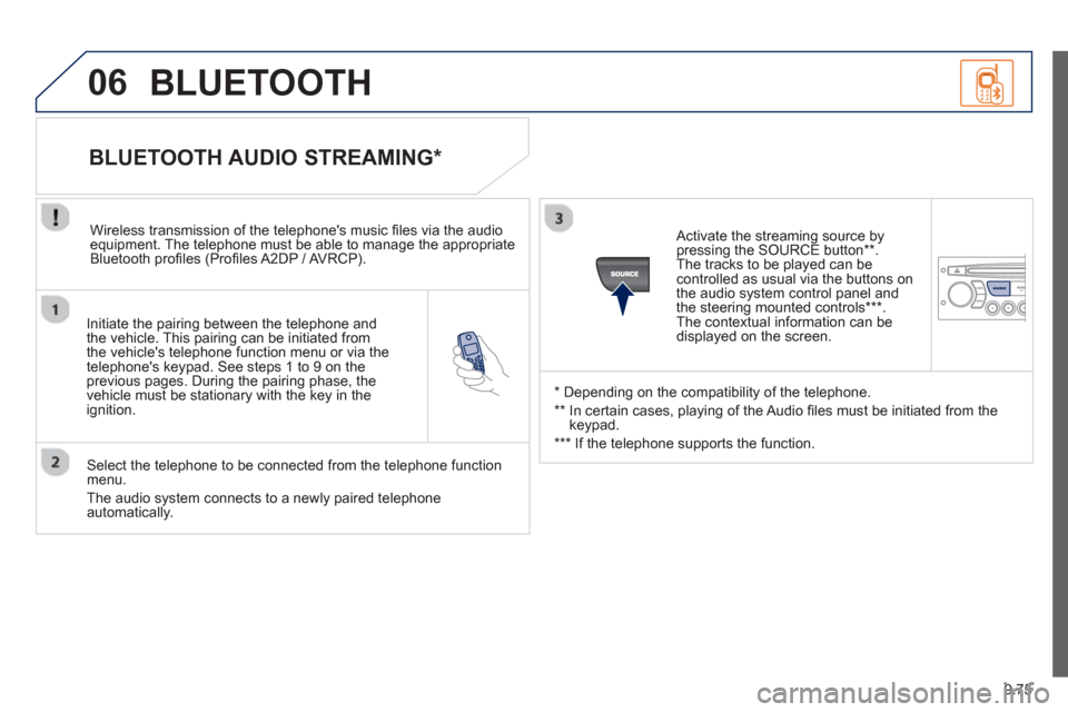 Peugeot Partner 2013 Owners Manual - RHD (UK, Australia) 9.75
06
Initiate the pairing between the telephone and
the vehicle. This pairing can be initiated from
the vehicles telephone function menu or via the
telephones ke
ypad. See steps 1 to 9 on t Peugeot Partner 2013 Owners Manual - RHD (UK, Australia) 9.75
06
Initiate the pairing between the telephone and
the vehicle. This pairing can be initiated from
the vehicles telephone function menu or via the
telephones ke
ypad. See steps 1 to 9 on t