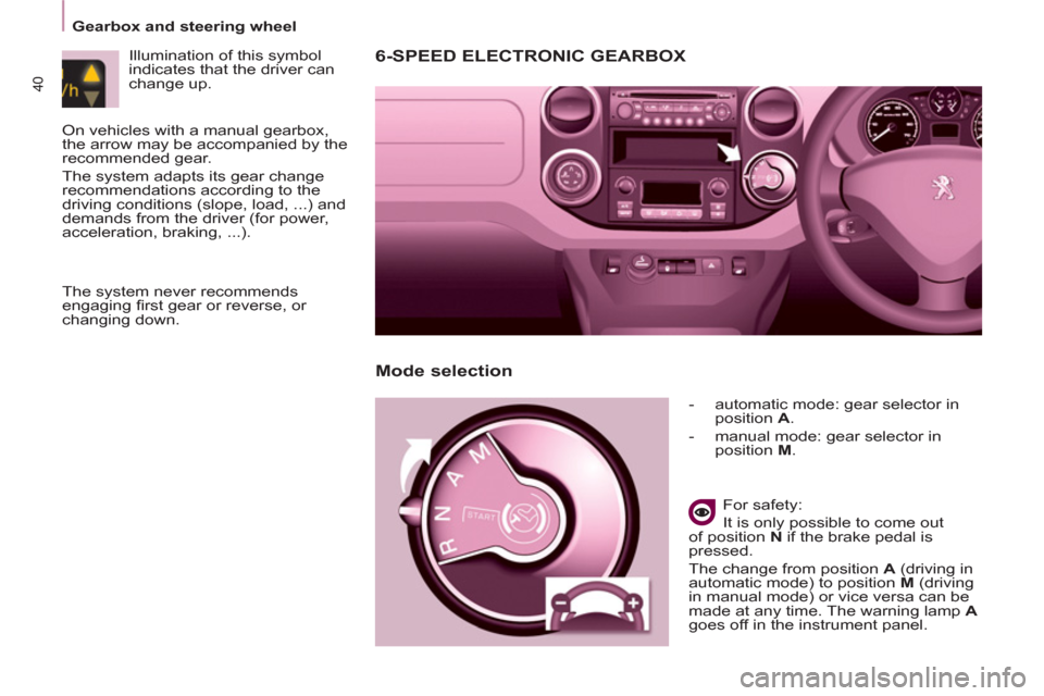Peugeot Partner 2013 - RHD (UK, Australia) Service Manual 40
Gearbox and steering wheel
6-SPEED ELECTRONIC GEARBOX
- automatic mode: gear selector in
position A
.
- manual mode: gear selector in
position M
.
For safety Peugeot Partner 2013 - RHD (UK, Australia) Service Manual 40
Gearbox and steering wheel
6-SPEED ELECTRONIC GEARBOX
- automatic mode: gear selector in
position A
.
- manual mode: gear selector in
position M
.
For safety