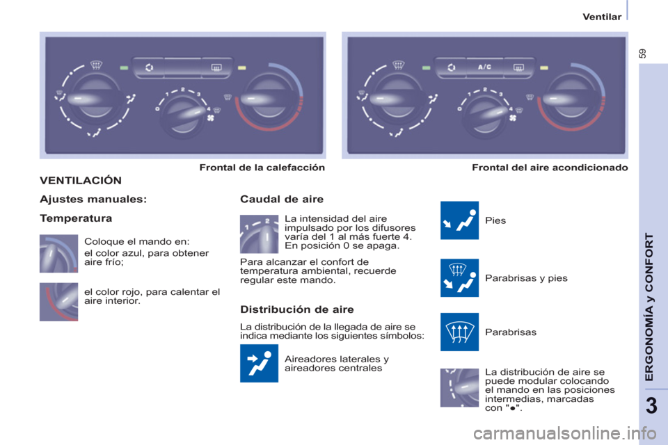 Peugeot Partner 2013  Manual del propietario (in Spanish) 3
   
 
Ventilar  
 
59
ERGONOMÍA 
y CONFOR
T
 VENTILACIÓN
 
Aireadores laterales y 
aireadores centrales 
   
Caudal de aire 
 
Pies 
  Parabrisas y pies 
  Parabrisas 
  La distribución de aire s Peugeot Partner 2013  Manual del propietario (in Spanish) 3
   
 
Ventilar  
 
59
ERGONOMÍA 
y CONFOR
T
 VENTILACIÓN
 
Aireadores laterales y 
aireadores centrales 
   
Caudal de aire 
 
Pies 
  Parabrisas y pies 
  Parabrisas 
  La distribución de aire s
