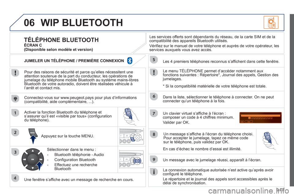 Peugeot Partner 2013  Manuel du propriétaire (in French) 9.73
06WIP BLUETOOTH 
   
Pour des raisons de sécurité et parce qu’elles nécessitent une
attention soutenue de la part du conducteur, les opérations de 
jumelage du téléphone mobile Bluetooth 