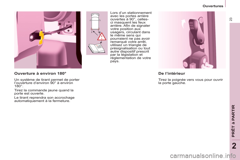 Peugeot Partner 2013  Manuel du propriétaire (in French) 23
  Ouvertures 
PRÊT à PARTIR
2
 
 
De l’intérieur 
 
Tirez la poignée vers vous pour ouvrir 
la porte gauche.  
 
 
Ouverture à environ 180° 
 
Un système de tirant permet de porter 
l’ou