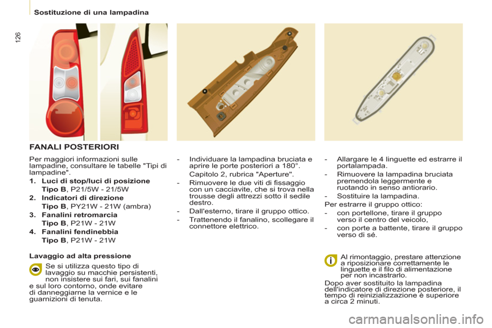 Peugeot Partner 2013  Manuale del proprietario (in Italian)    
 
Sostituzione di una lampadina  
 
126
 
 
Per maggiori informazioni sulle 
lampadine, consultare le tabelle "Tipi di 
lampadine". 
   
 
1. 
  Luci di stop/luci di posizione 
 
 
  Tipo B 
, P21