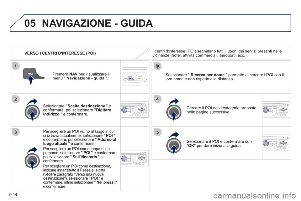 Peugeot Partner 2013  Manuale del proprietario (in Italian) 9.14
05
   
 VERSO I CENTRI DINTERESSE (POI)
NAVIGAZIONE - GUIDA 
I centri dinteresse (POI) segnalano tutti i luoghi dei servizi presenti nelle
vicinanze (hotel, attività commerciali, aeroporti, ec