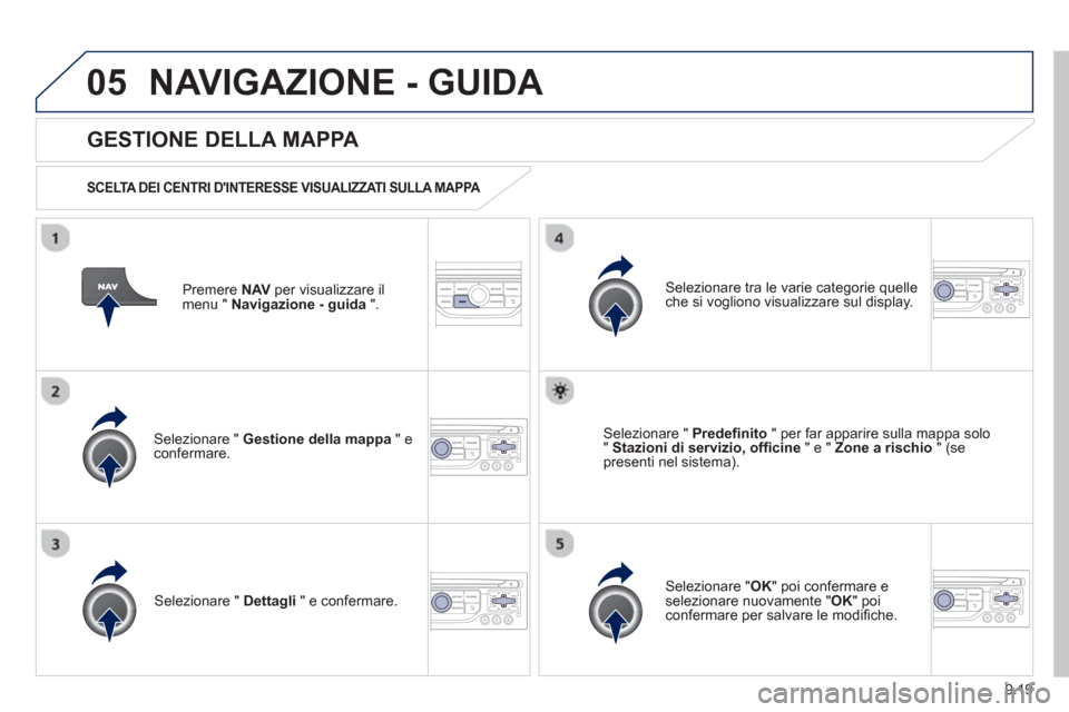 Peugeot Partner 2013  Manuale del proprietario (in Italian) 9.19
05NAVIGAZIONE - GUIDA 
Premere  NAVper visualizzare il 
menu "  Navigazione - guida 
 ".  
 
 
GESTIONE DELLA MAPPA 
 
 
SCELTA DEI CENTRI DINTERESSE VISUALIZZATI SULLA MAPPA   
Selezionare "  G